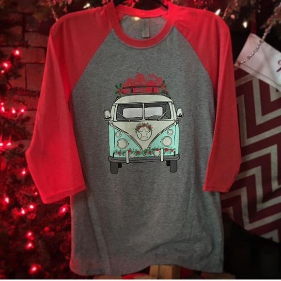 Volkswagen Bus Van Winter Christmas Raglan Tee - Picture 2 of 3